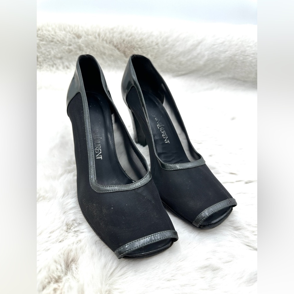 Ysl Yves Saint Laurent leather mesh pumps peep toe‎ size 7 black shoes
